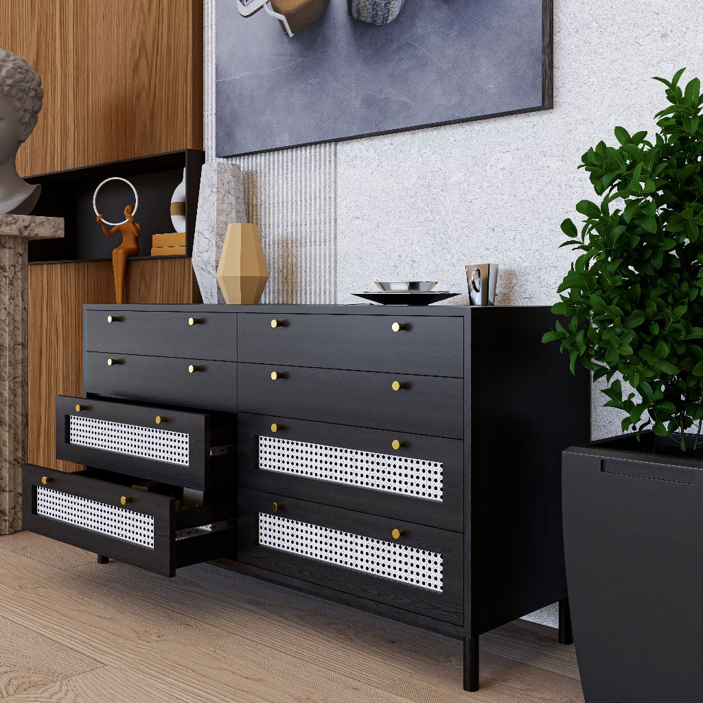 HAPPY FURNITURE , Tủ đựng đồ 8 ngăn kéo chân sắt - ROTAN , THK_129 , 140cm x 45cm x 76cm