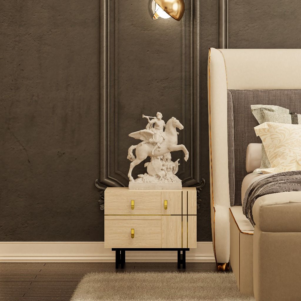 HAPPY FURNITURE , gỗ tự nhiên , Táp đầu giường 2 ngăn kéo chân sắt - JOCASTA , THK_167 , 52cm x 40cm x 44cm