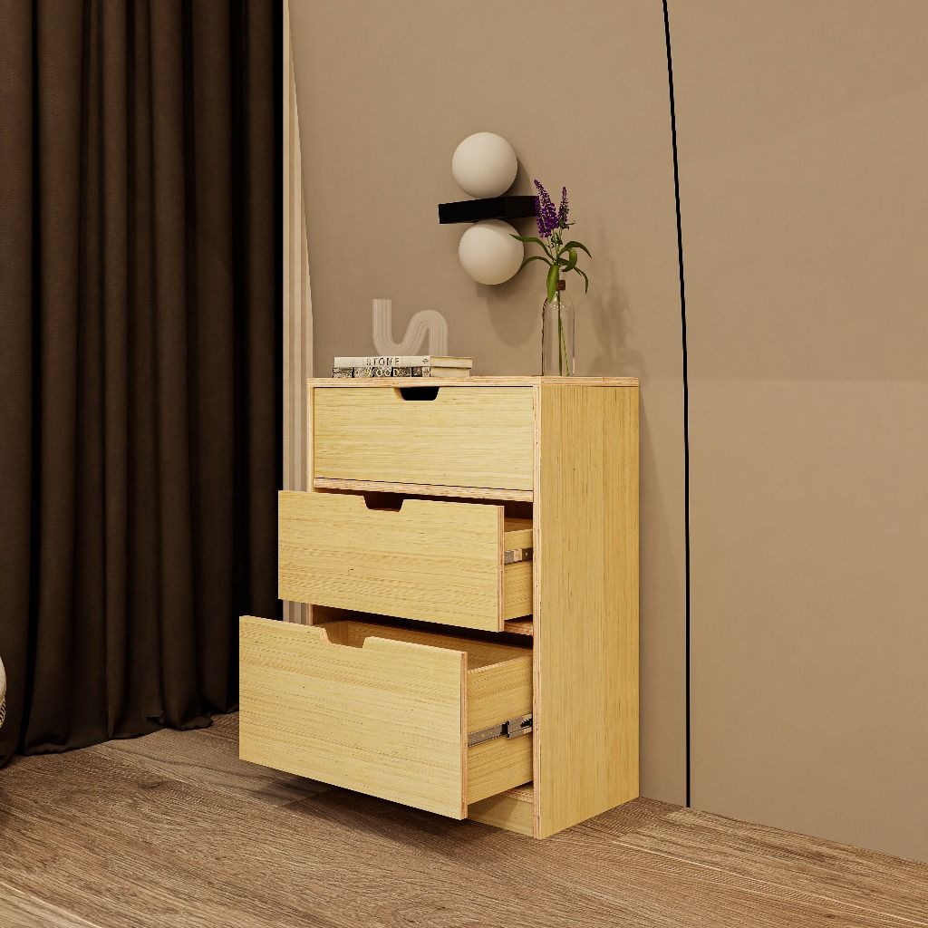 HAPPY FURNITURE , Gỗ tự nhiên , Tủ lưu trữ 3 ngăn kéo gỗ Plywood - AIDAN , THK_195 , 60cm x 32cm x 82cm DxRxC