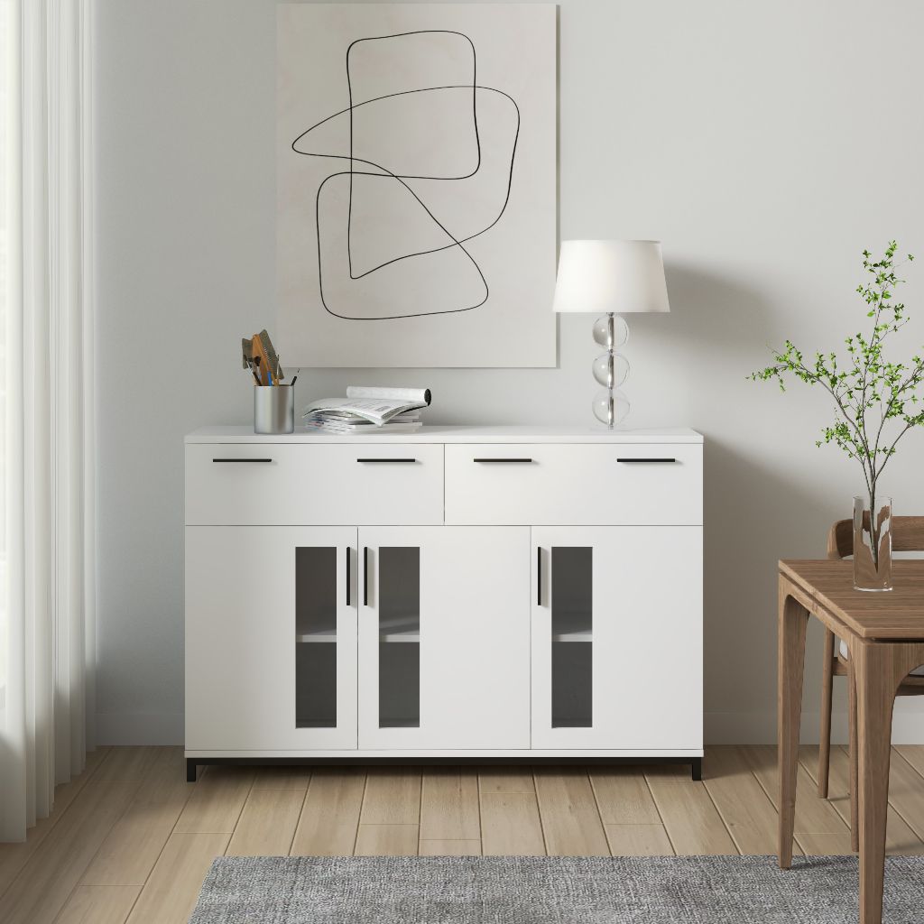 HAPPY FURNITURE , Tủ lưu trữ 2 ngăn kéo 3 cửa mở chân sắt - LOUIS , THK_059 , 126cm x 36cm x 84cm