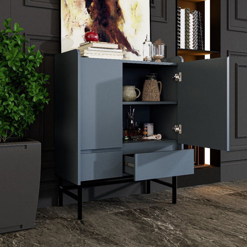 HAPPY FURNITURE , Tủ lưu trữ 2 ngăn kéo 2 cửa mở chân sắt - LAVIA , TCM_169 , 80cm x 40cm x 104cm