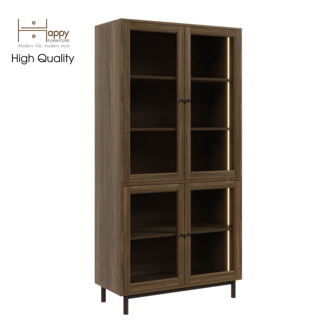 HAPPY FURNITURE , Kệ sách 5 tầng cửa kính đèn Led chân sắt - CATY , KSA_020_LED , 90cm x 39cm x 180cm