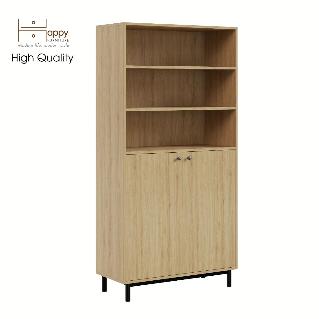 HAPPY FURNITURE , Kệ sách 6 tầng 2 cửa mở chân sắt - CATY , KSA_016 , 90cm x 40cm x 180cm