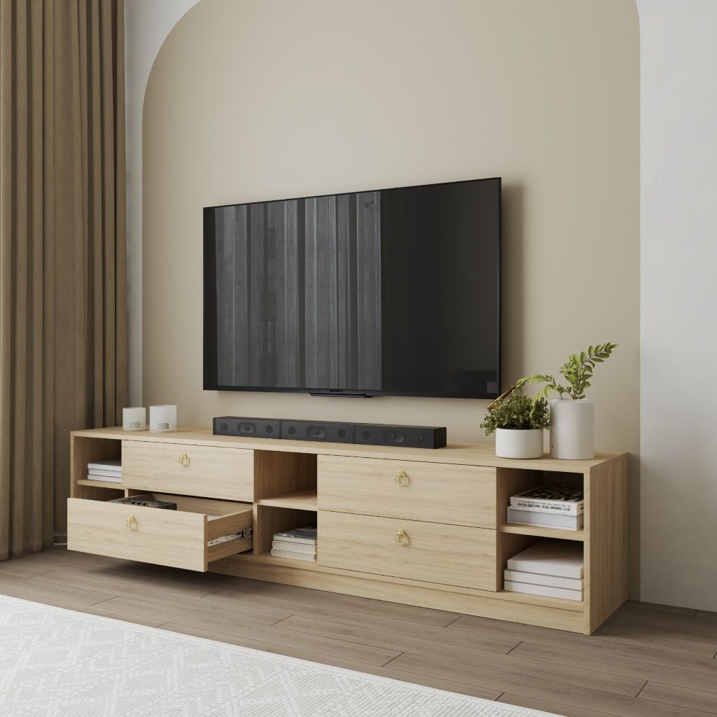 HAPPY FURNITURE , Kệ TV 4 ngăn kéo - MERI , KTV_090 , 200cm x 40cm x 45cm DxRxC