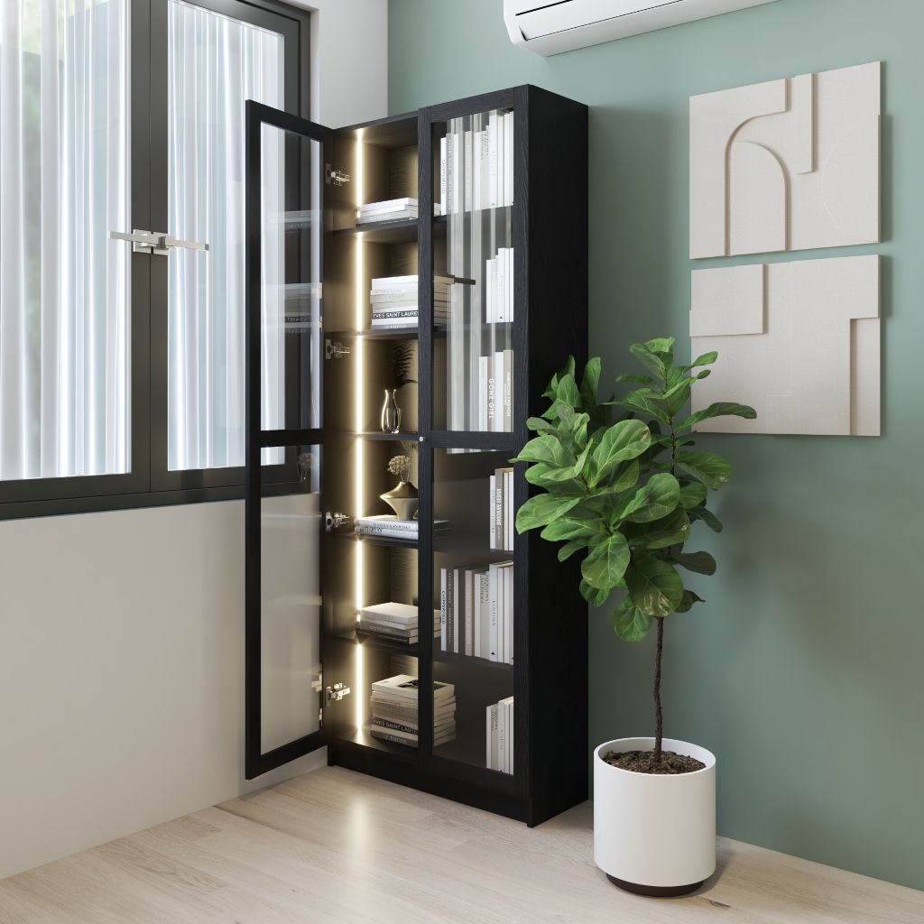 HAPPY FURNITURE , Kệ sách 6 tầng cửa kính đèn LED - CATY, KSA_074_LED , 80cm x 30cm x 202cm DxRxC