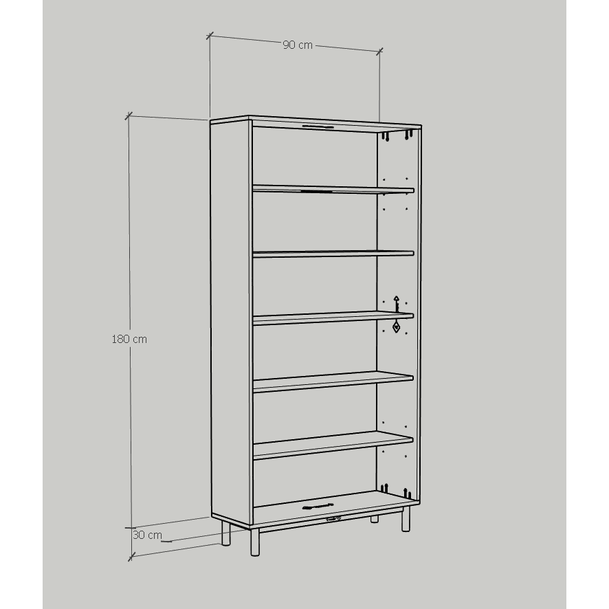 HAPPY FURNITURE , Kệ sách 6 tầng tích hợp đèn LED chân sắt - CATY , KSA_015_LED , 90cm x 30cm x 180cm