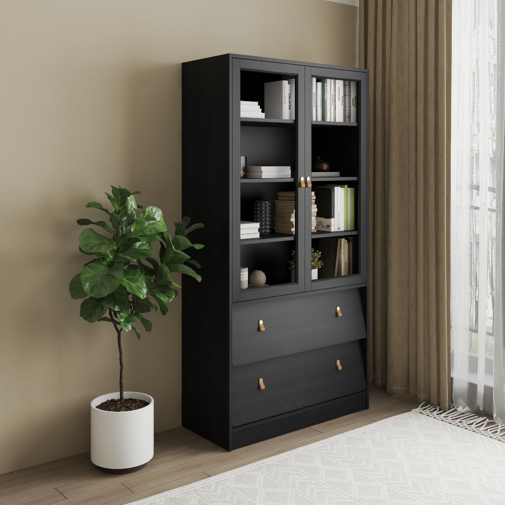 HAPPY FURNITURE , Kệ sách cửa kính 2 ngăn kéo - CALYN , KSA_107 , 90cm x 39cm x 176cm DxRxC