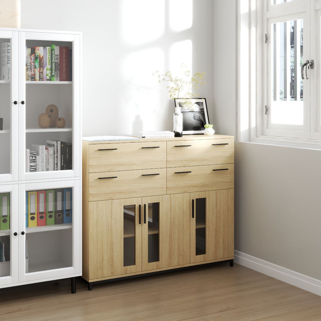 HAPPY FURNITURE , Tủ lưu trữ 4 ngăn kéo 3 cửa mở chân sắt - LOUIS , THK_060 , 126cm x 36cm x 104cm