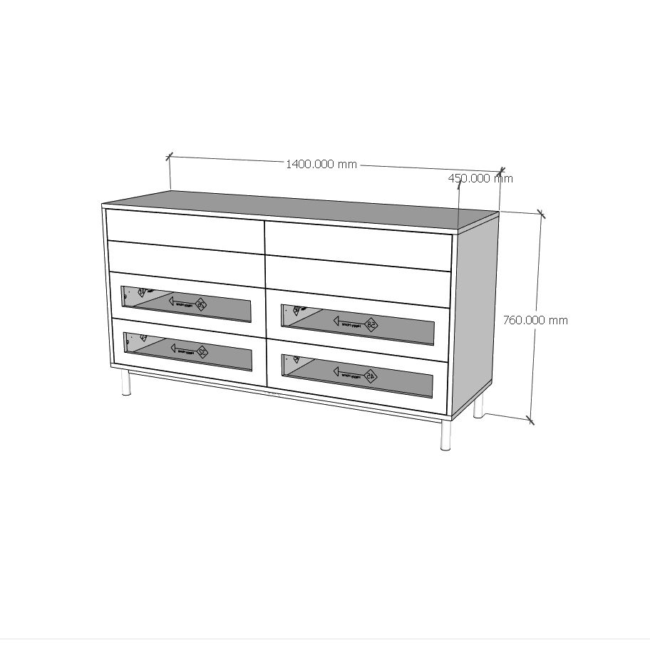 HAPPY FURNITURE , Tủ đựng đồ 8 ngăn kéo chân sắt - ROTAN , THK_129 , 140cm x 45cm x 76cm