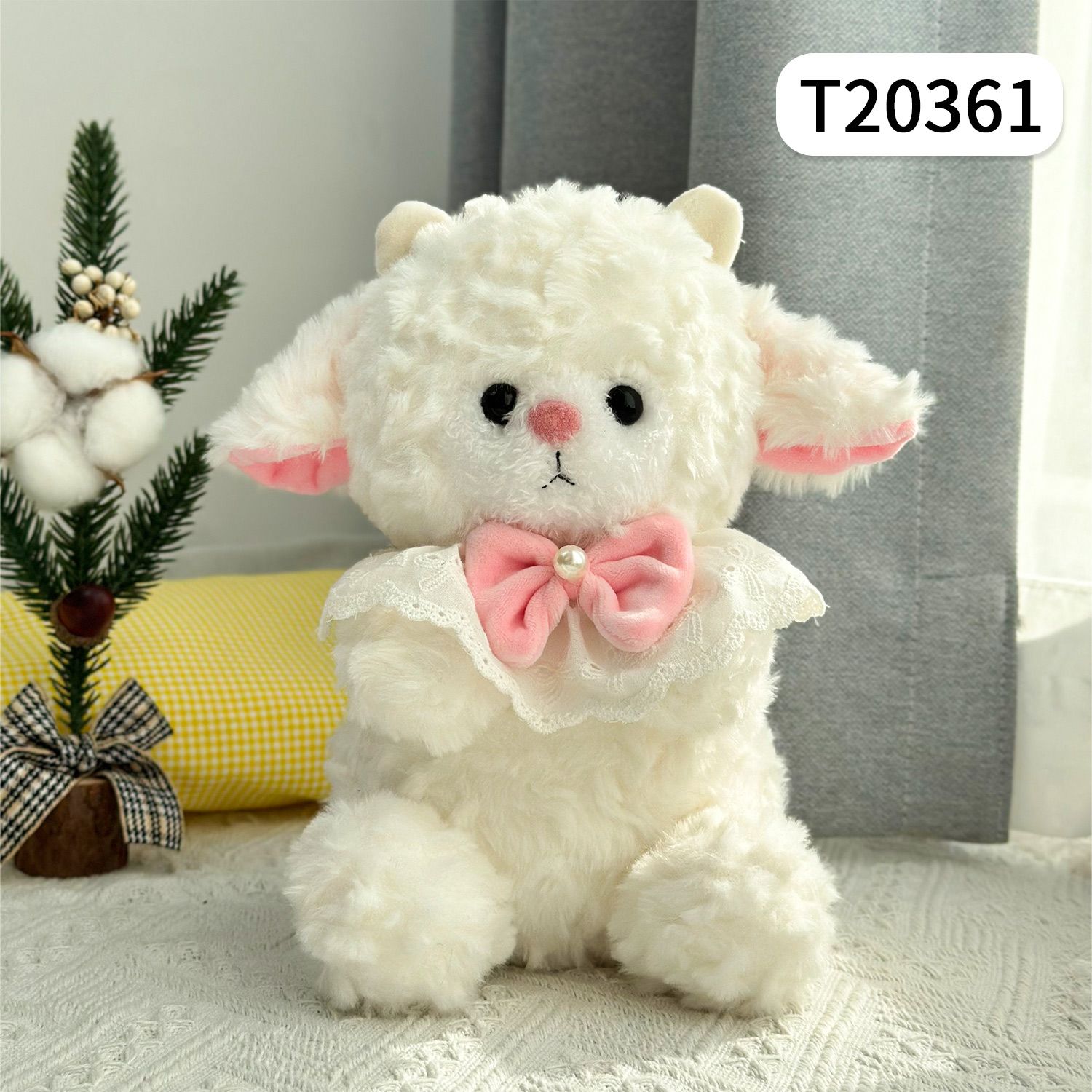Thú bông 22cm Cừu trắng đeo nơ hồng-T20361