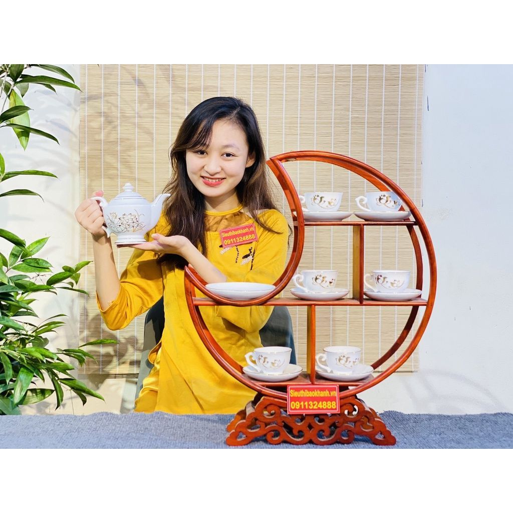 Bộ ấm chén Bát Tràng "Sen Vàng" 24K LHCEVN-0008 dáng đền thần