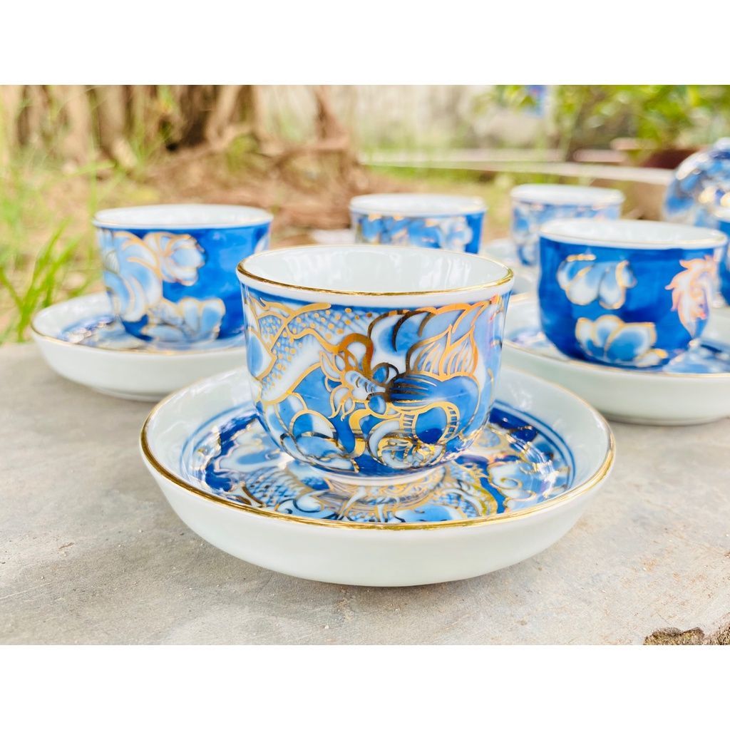 Bộ ấm chén Bát Tràng "Long Ẩn Nội Cung" men lam LHCEVN-0002