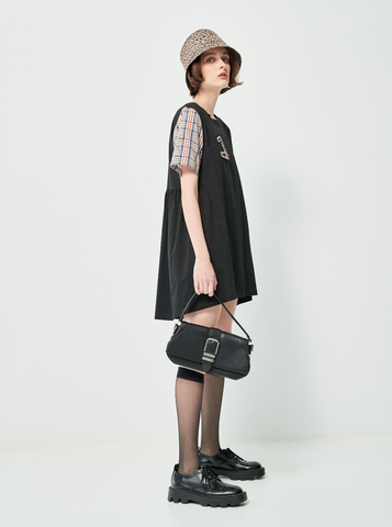 Đầm Suông Đen Tay Kẻ Caro