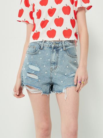 Quần jean ngắn đính đá màu xanh