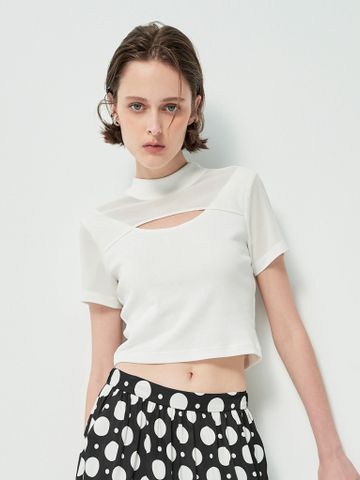 Áo croptop khoét ngực vải lưới màu trắng