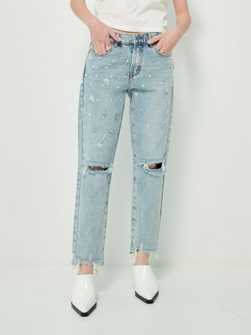 Quần jean màu xanh dài rách gấu đính đá