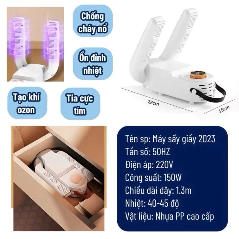 Máy Sấy Giày, Sấy Găng Tay & Tất Shoe Dryer Khử Mùi Cực Nhanh 150W 3 Chiều Xoay 360 Độ Có Tia UV Diệt Khuẩn Nhỏ Gọn
