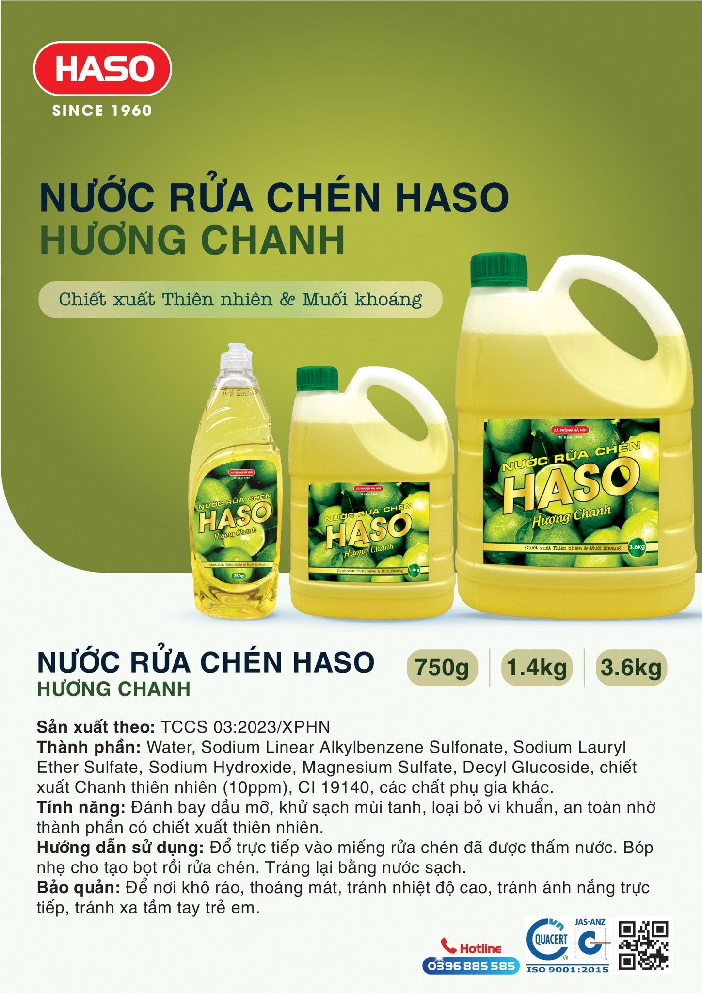 Nước rửa chén Haso hương chanh chai 1,4kg