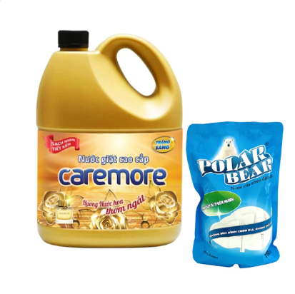 Nước giặt cao cấp Caremore hương nước hoa 3,8 kg
& Nước rửa chén đậm đặc Polar Bear dạng túi 500g