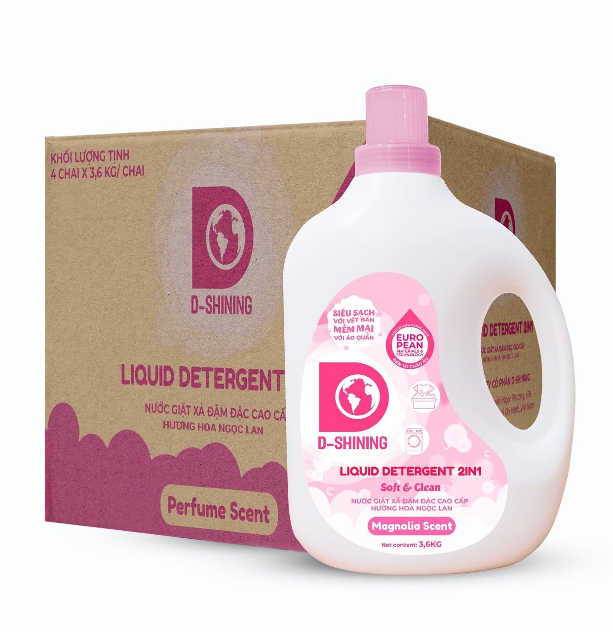 Nước giặt đậm đặc cao cấp D-SHINING Hương Ngọc Lan 04chai x 3,6kg