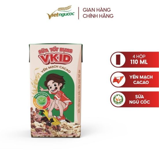 Sữa ngũ cốc Dinh dưỡng trẻ em VKid - Yến Mạch Cacao 110ml x 4 hộp