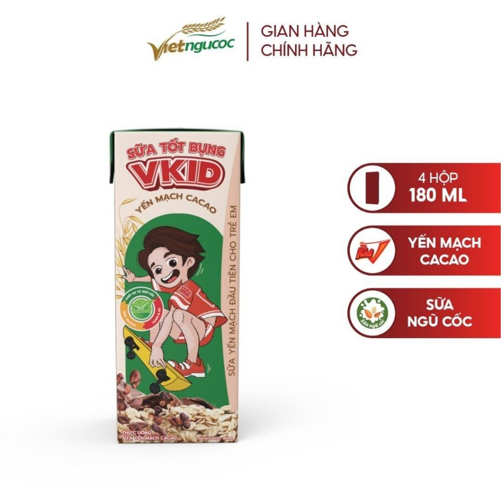 Sữa ngũ cốc - Dinh dưỡng trẻ em VKid - Yến Mạch Cacao 180ml ( Lốc 4 hộp )