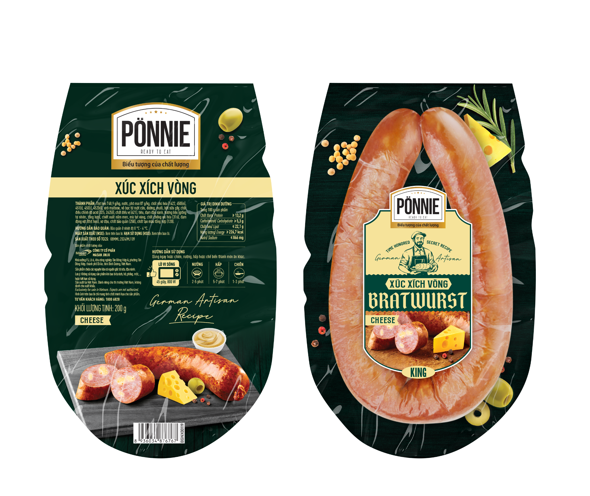 Xúc xích thanh trùng Ponnie Super Premium vòng xông khói vị phô mai (200gr)