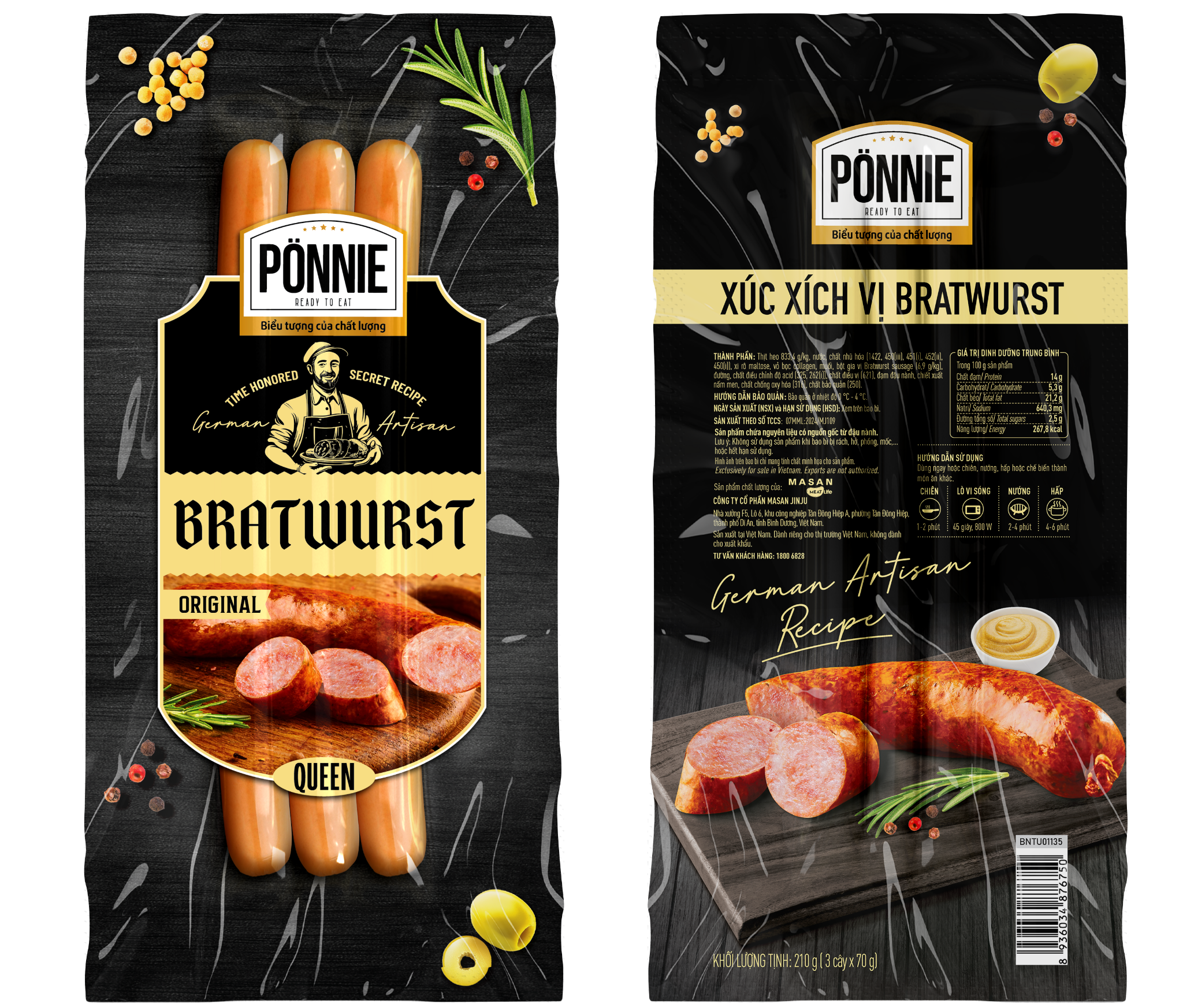 Xúc xích thanh trùng Ponnie Premium vị Bratwurst xông khói (3cây x 70gr)