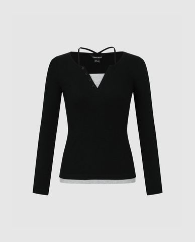 URBAN REVIVO - Áo kiểu nữ cổ V tay dài phom ôm 2 In 1