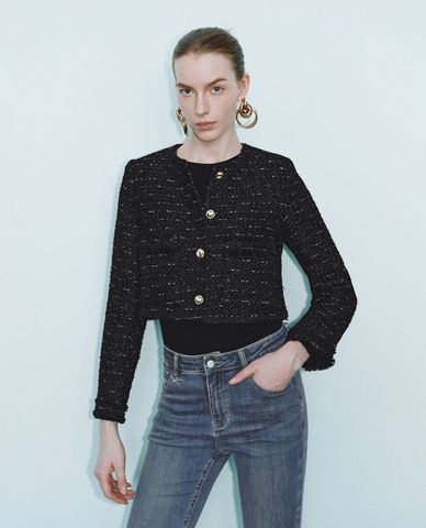URBAN REVIVO - Áo khoác croptop nữ tay dài phối nút