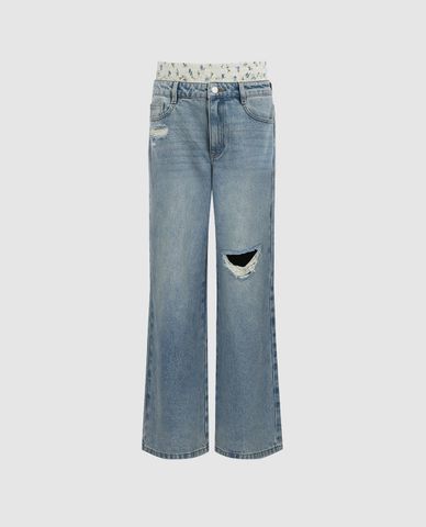 URBAN REVIVO - Quần jeans nữ ống rộng lưng thun