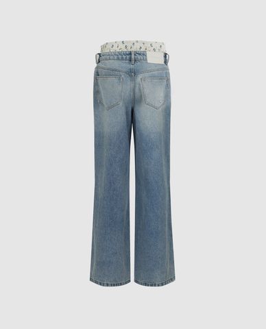 URBAN REVIVO - Quần jeans nữ ống rộng lưng thun
