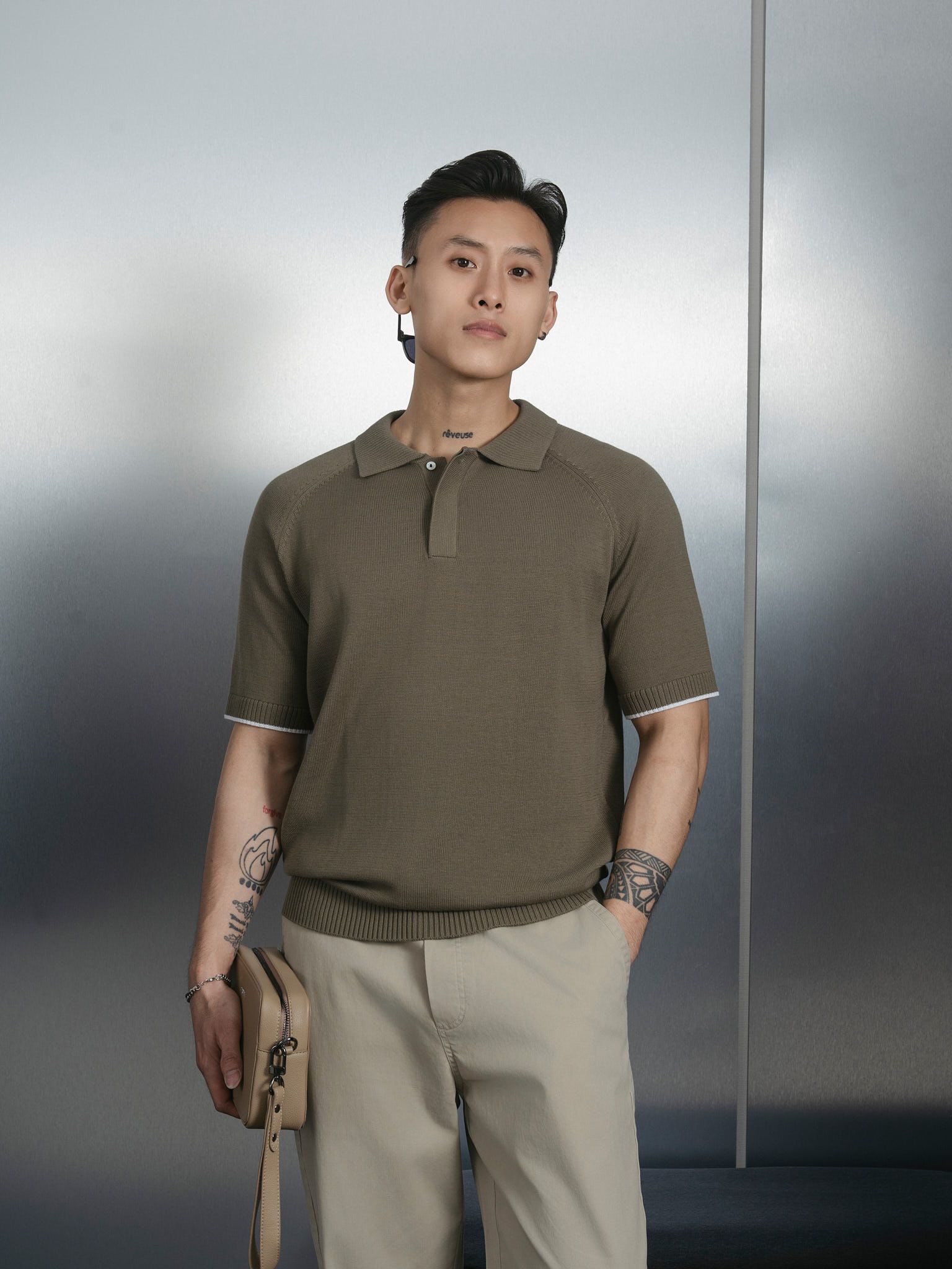 ÁO THUN CÓ CỔ DỆT KIM RAGLAN PHỐI LINE