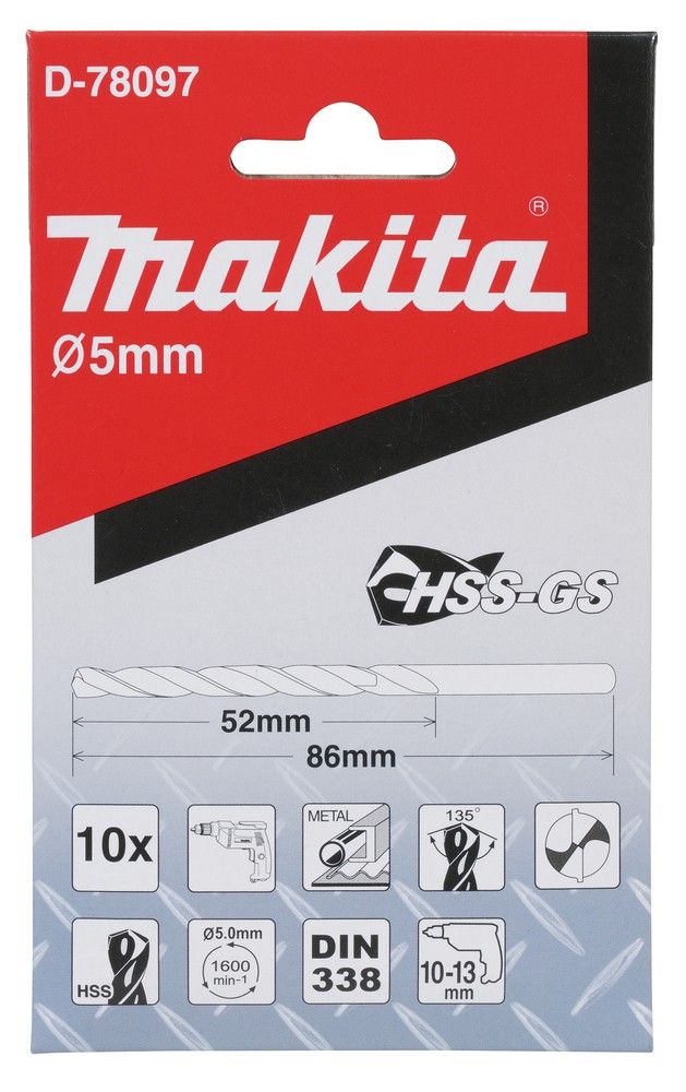 Mũi Khoan Kim Loại Makita HSS-GS D-78097 10Pcs 5x86mm – Chính Hãng, Giá Rẻ