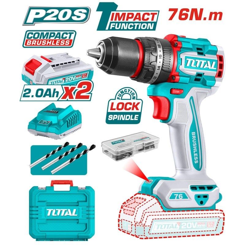 Máy khoan động lực dùng pin 20V Total TIDLI20768 (2 Pin 2.0Ah, 1 Sạc)