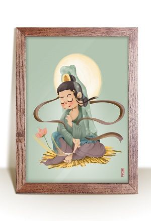 Tranh Quán Thế Âm Bồ Tát tịnh bình và sen - OBV 14
