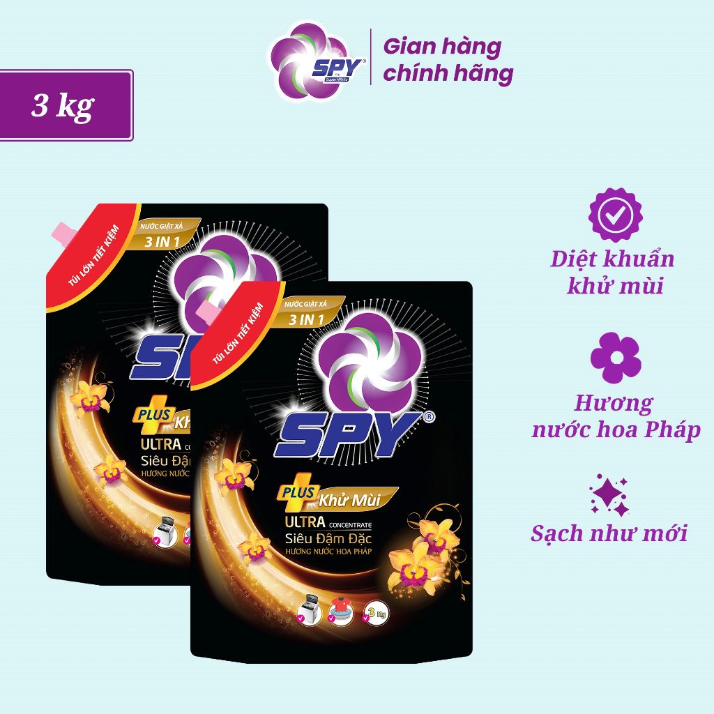 Combo 2 túi nước giặt xả SPY 3kg dòng ULTRA CLEAN PLUS 2 trong 1, thơm lâu, diệt khuẩn