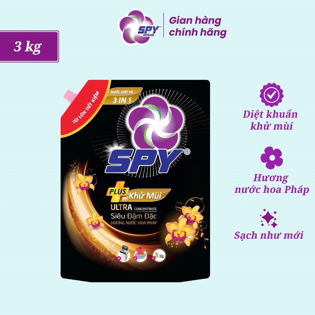 Nước giặt xả 2 trong 1 SPY Ultra Clean Plus sạch khuẩn, khử mùi, hương tinh tế, êm dịu 3kg