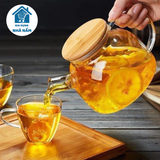 Bình thuỷ tinh 1 lít nắp gỗ pha trà, pha nước detox siu sang chảnh