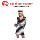 Bộ Trang Phục Hóa Trang Tù Nhân Sọc Đen Trắng Cho Nữ - Adult Striped Prisoner Dress, Costume Black White Striped, Long Sleeved Uniform Cosplay For Women TPHT42