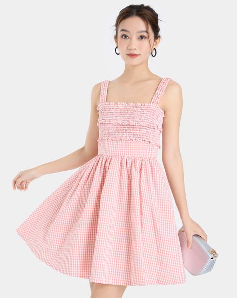 Đầm caro 2 dây smocking
