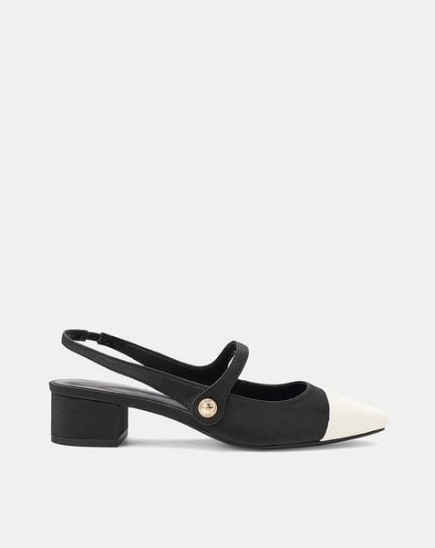  Giày Cao Gót Slingback Gót Vuông Phối Toecap Và Khóa Trang Trí 
