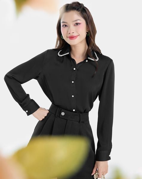  Áo sơ mi dài tay đính ngọc trai cổ áo 