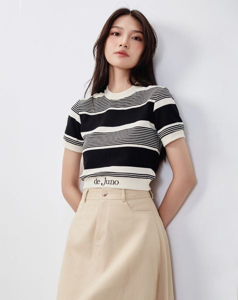Áo crop sọc tay ngắn phối lai