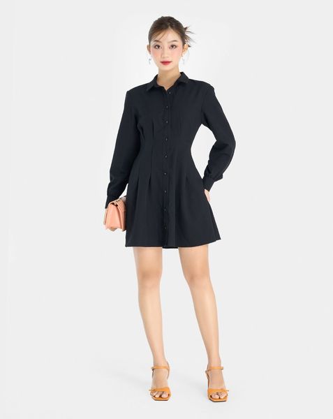 Đầm ngắn tay dài xếp ly