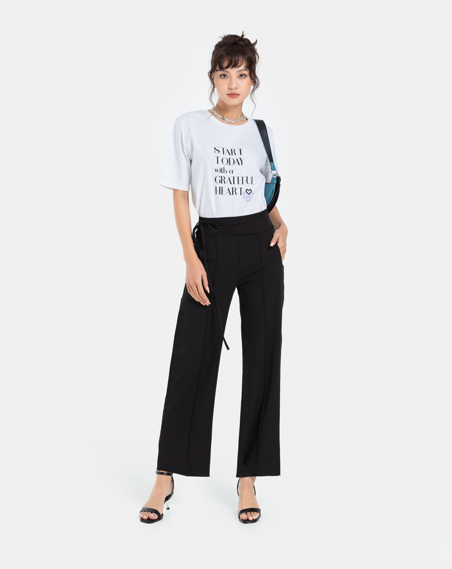 Quần dài dáng suông bảng lưng thắt dây nơ - Image 1