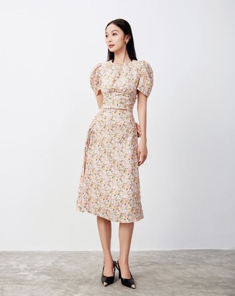  Đầm lửng rút nhún in hoa 