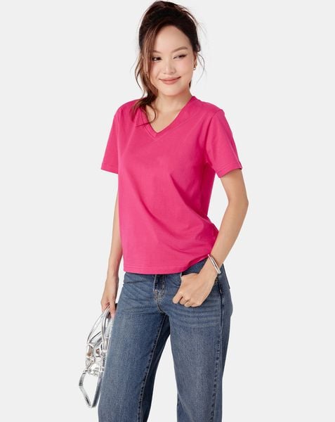  Áo thun trơn màu cổ tim form fit 