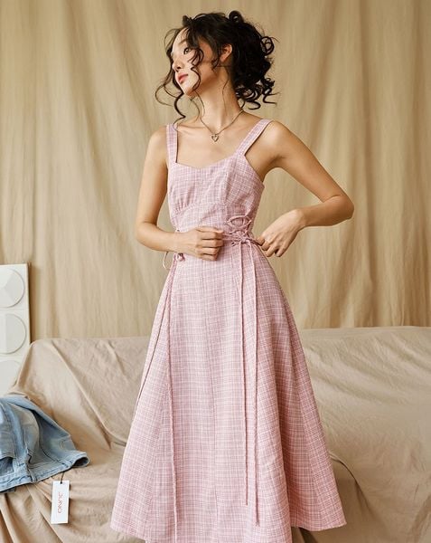  Đầm dài midi dây cột eo 