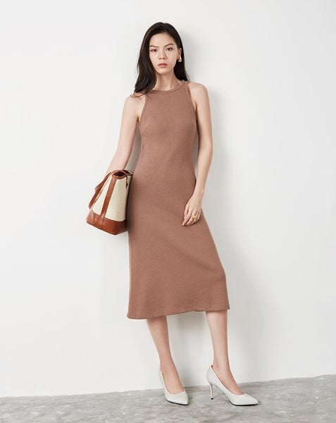 Đầm thun lửng cổ yếm dây nơ thân sau